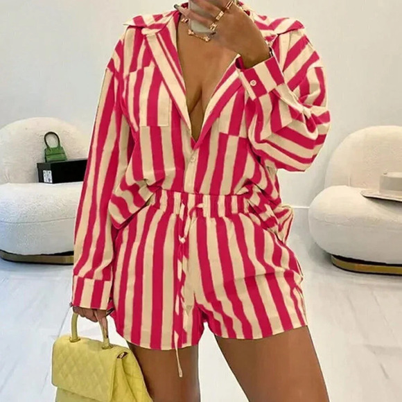 Hot Pink Casual Women's Striped Casual Top & Pants Set